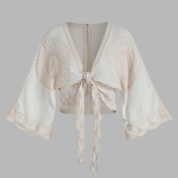 Boho Tie Front Embroidered Top Cider - Picture 1 of 6